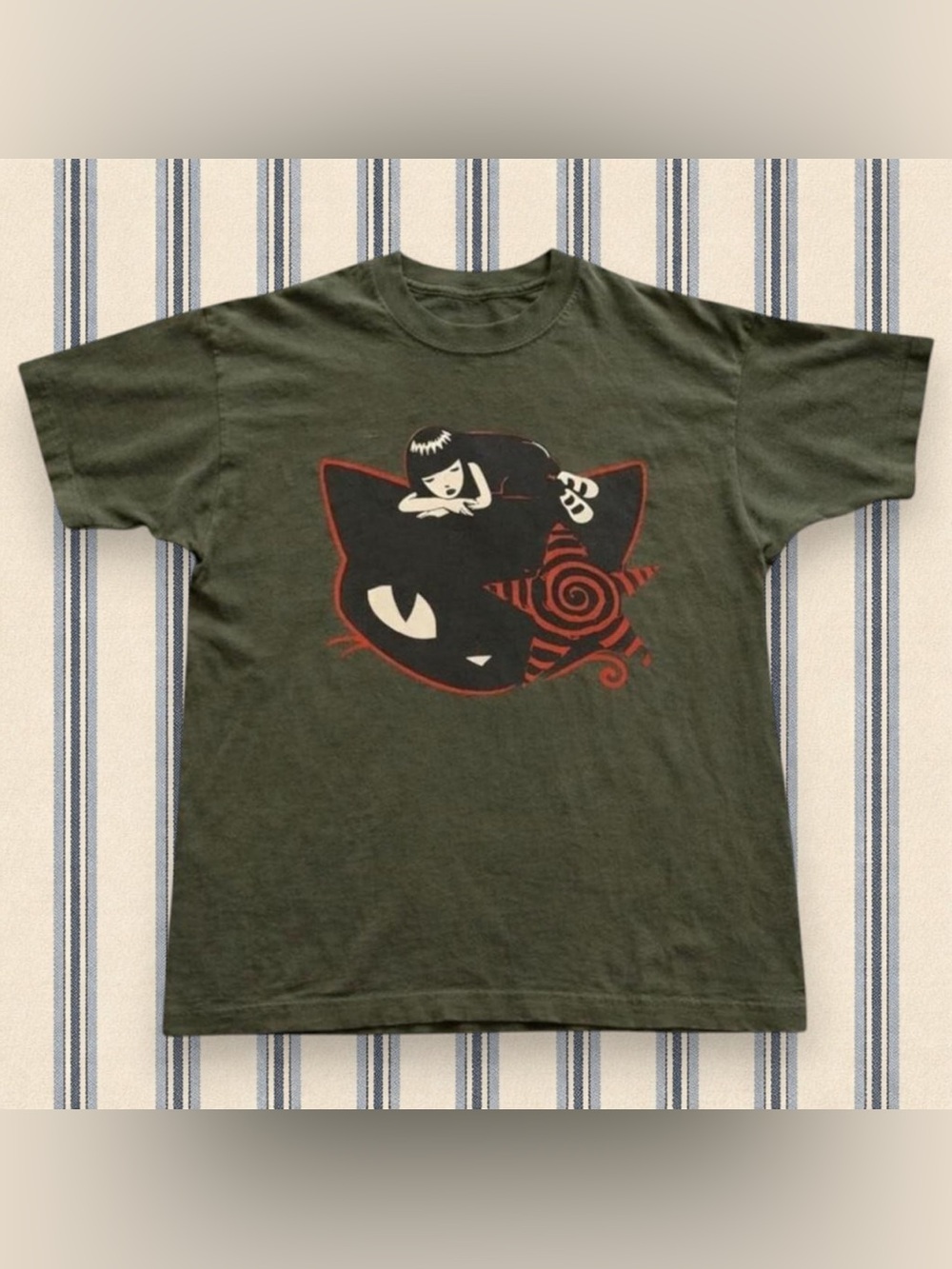 Gildan Gothic Cat Girl Graphic T-Shirt Military Green For Unisex